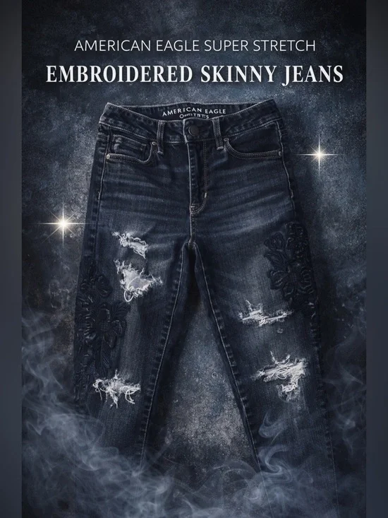 American Eagle Super Stretch Jeans Sz 4 Dark Wash Distressed Skinny Embroidered - Picture 1 of 3
